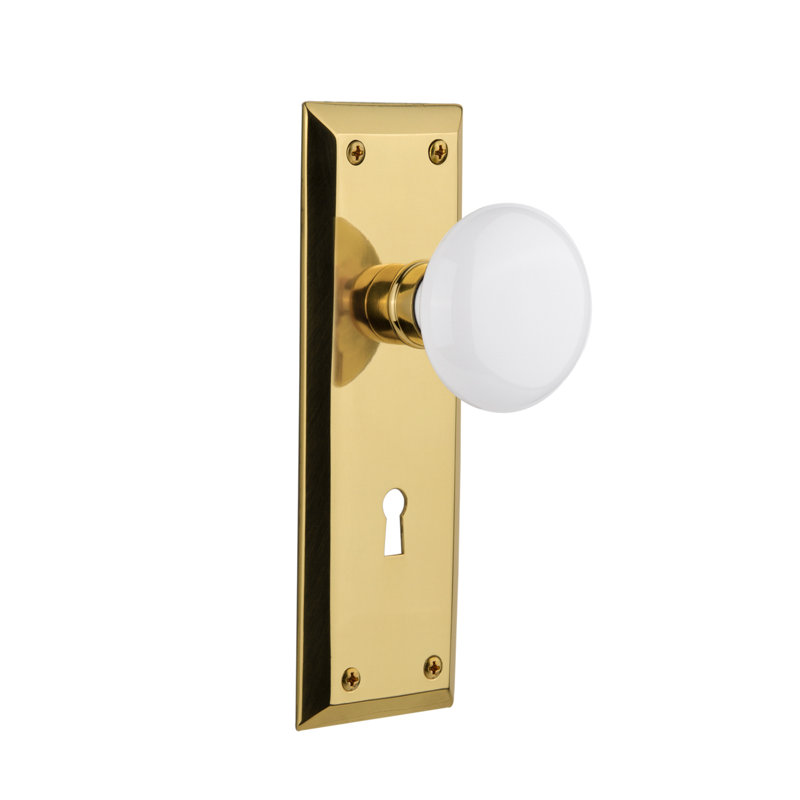 Faux bouton de porte simple en porcelaine blanche avec trou de serrure New York Long Plate, Laiton poli