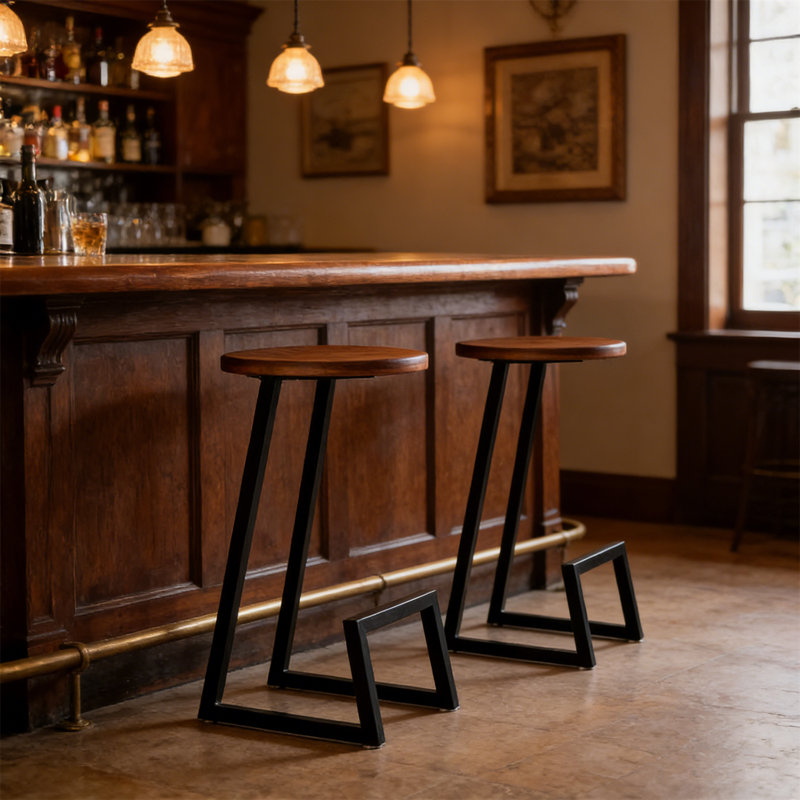 Ensemble de 2 tabourets de bar à hauteur de comptoir avec repose-pieds, siège en bois massif et pieds en métal - Tabouret pour îlot de cuisine sans accoudoirs