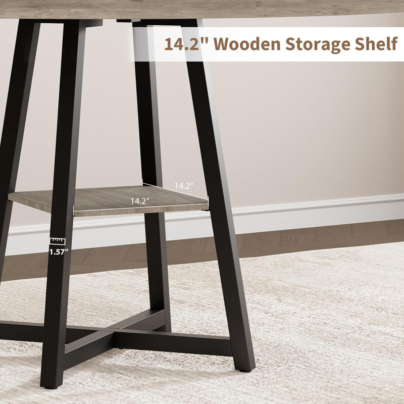 47" Round Industrial Dining Table, Metal Pedestal with Storage Shelf Seats 4-6 for Kitchen Living Room Office, Gray