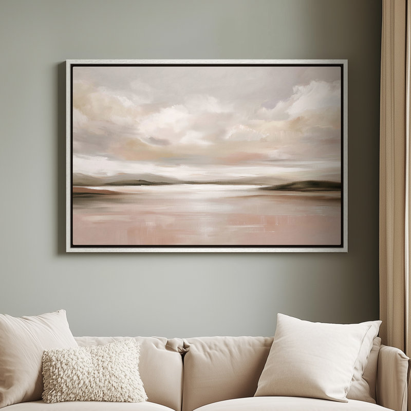 Art mural sur toile encadré - Rose serein et lac beige avec nuages - 16 po x 24 po, 24 po x 36 po, H 16 po x l 24 po, Blanc