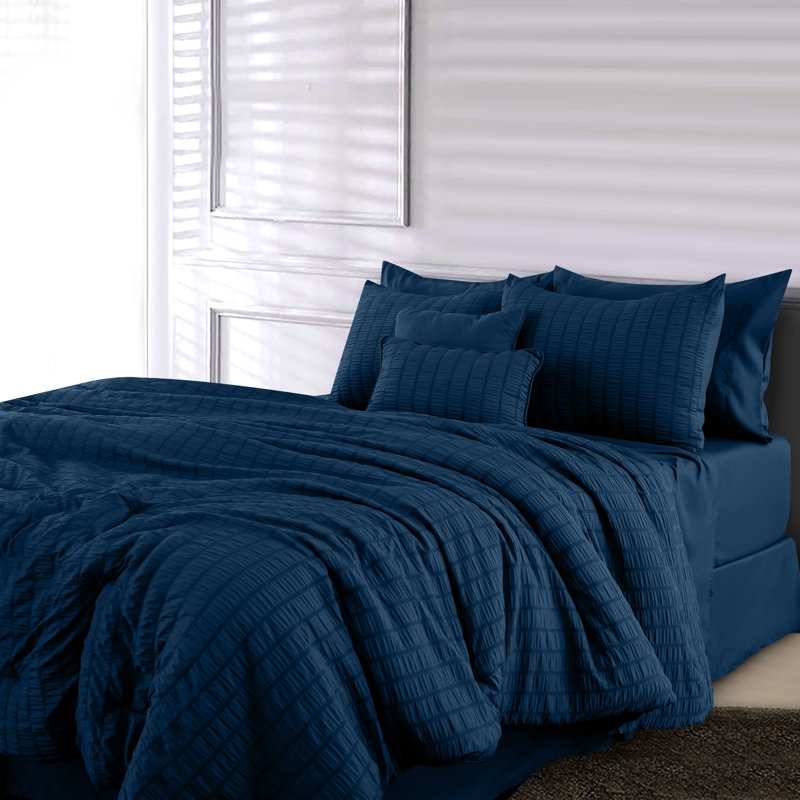 10 Pcs MF Comforter Set Bed in a Bag for All Seasons Seersucker Lightweight Comforter Set with Sheets, Navy
