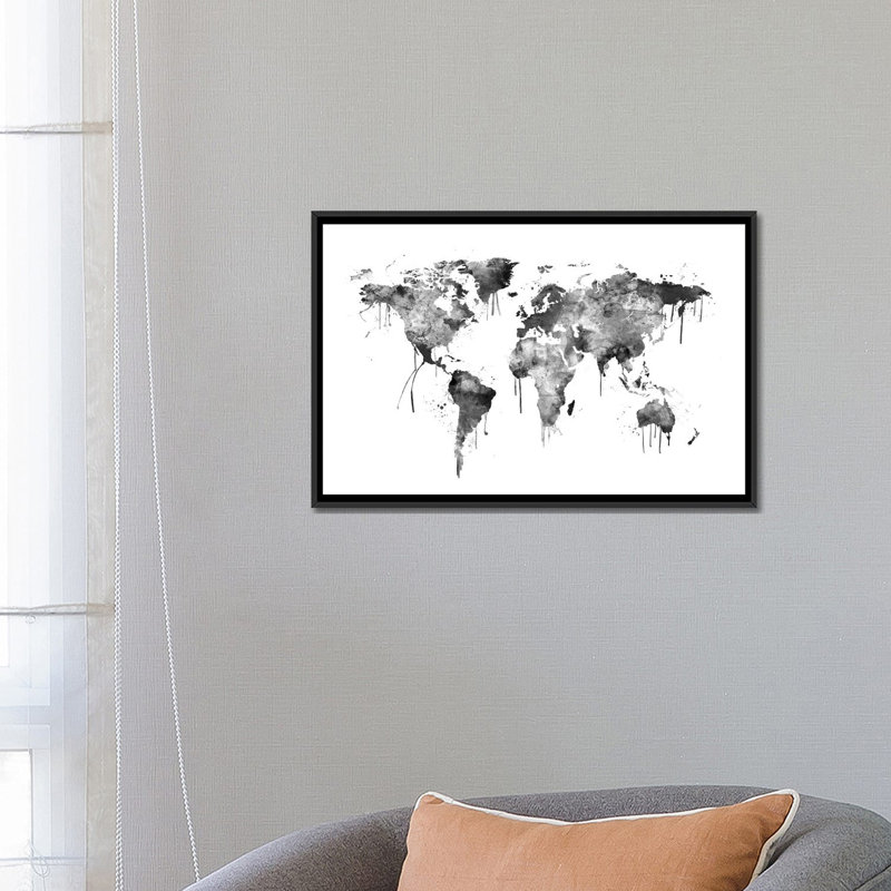 « aquarelle map of the world map, gray scale » par michael tompsett, impression sur toile, H 18 po x l 26 po x P 1,5 po