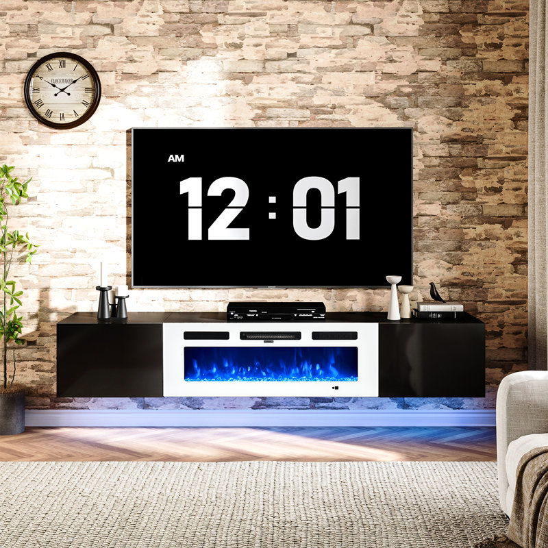Floating Tv Stand With 36" Electric Fireplace, Wall Mounted Fireplace Entertainment Center With Storage For Tvs Up To 80", Adjustable Partition
