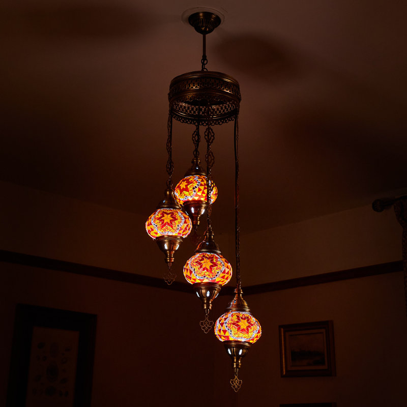 Karlie 4 - Light Antique Bronze Cluster Pendant, Red/Orange