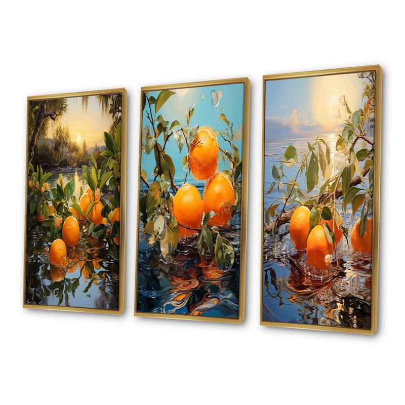 Ensemble de 4 décorations murales Sunset Sienna Tangerine Twilight, Cadre flottant doré, H 28 po x l 36 po