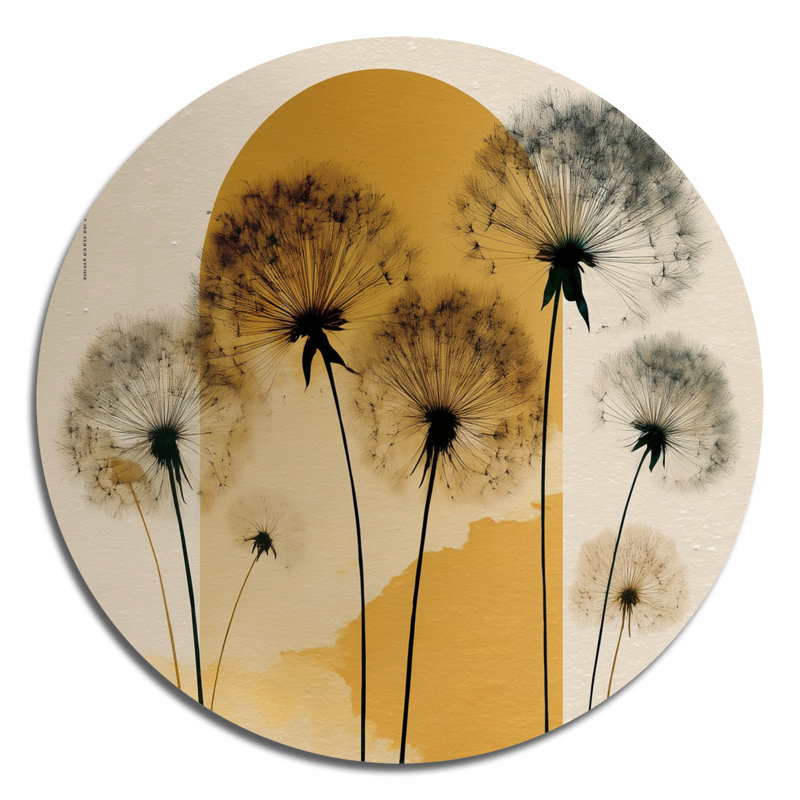 Coucher de soleil pissenlit printanier - Décoration murale ronde florale en métal, L 16 po x H 16 po