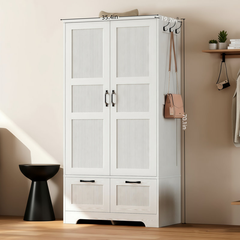 Armoire de rangement en bois blanc avec deux portes et deux tiroirs, plus des tiges de suspension et des tablettes réglables, conçue pour la chambre à coucher.