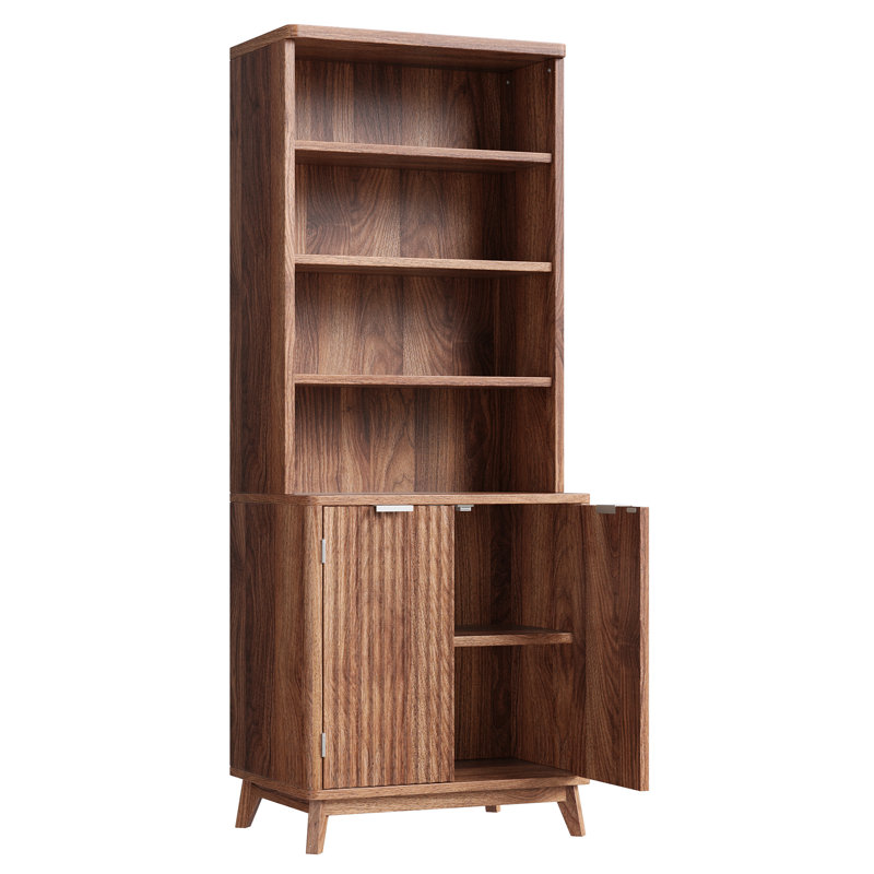 Bibliothèque Mid-Century moderne, armoire de rangement de 70,9 po de hauteur avec portes cannelées et tablettes réglables, pour le salon, le bureau et la cuisine