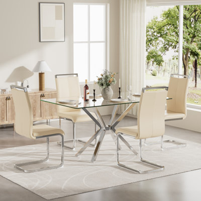 Modern 47in Glass Dining Table & 4 High Back Fabric Chairs Set, Silver/Black/Gold Metal Legs for Kitchen Dining Room