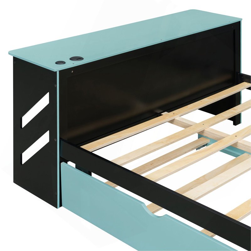 Lit de jour en bois avec couchette, bureau et port USB, Bleu