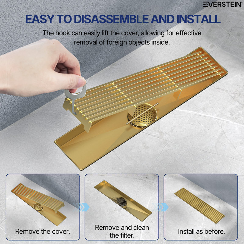 Drain de douche à grille linéaire 12 "avec pieds réglables 12", Brushed Gold