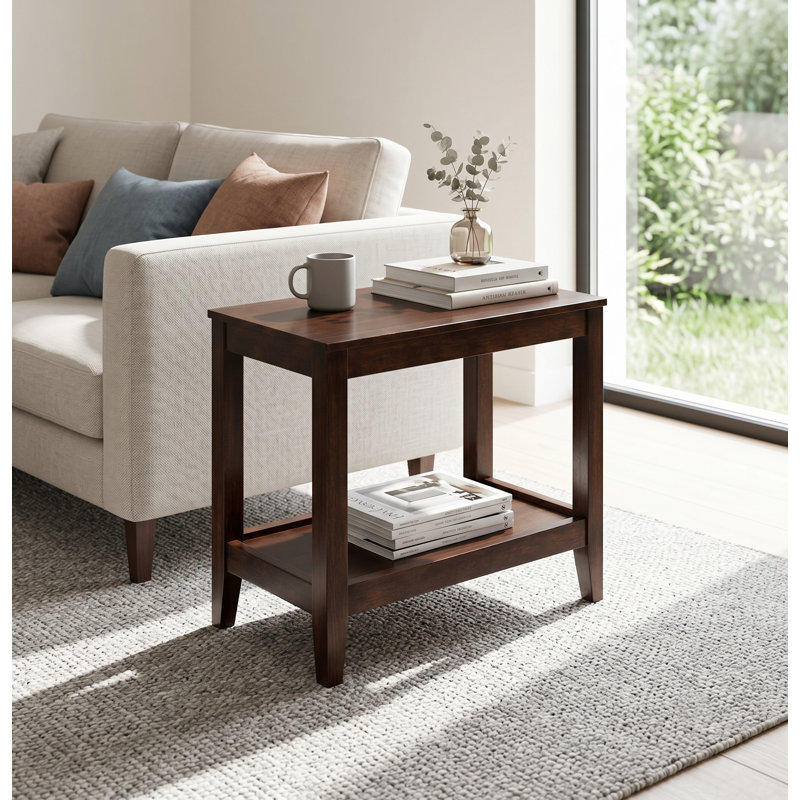 Table de bout en bois d'hévéa massif avec tablette de rangement ouverte