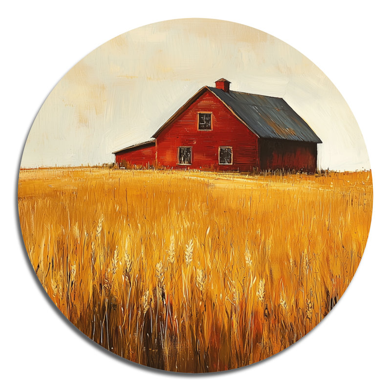 «Countryside Golden Fields By The Farmhouse I», art mural rond en métal campagne, H 29 po x l 29 po