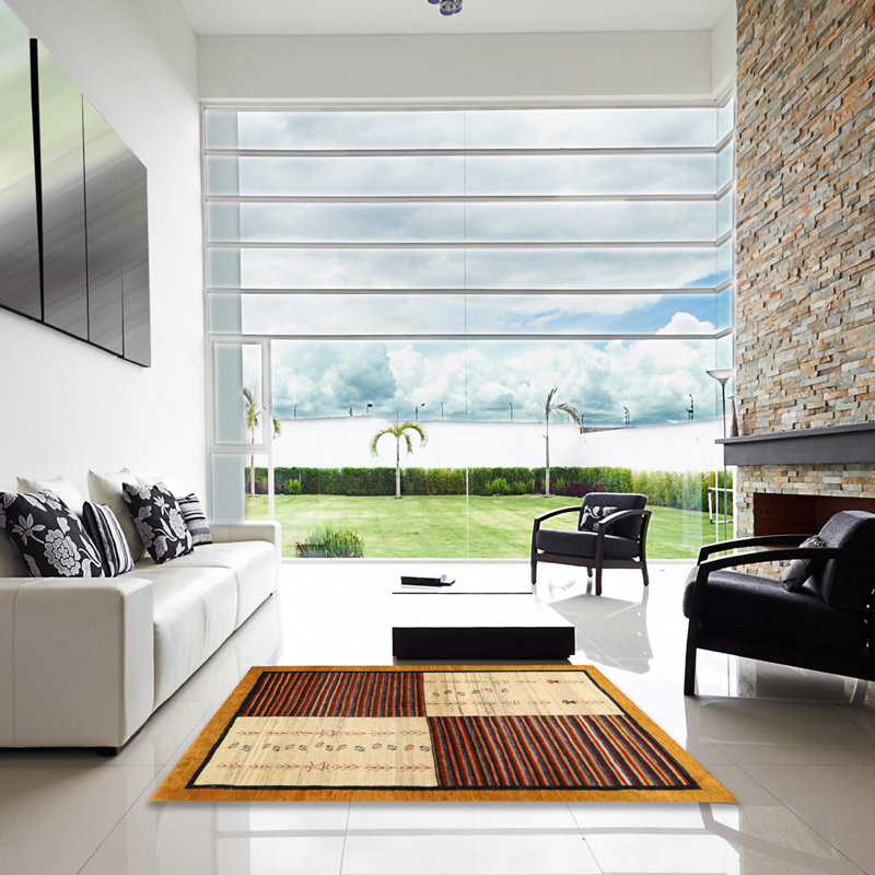 Tapis jaune/orange/noir contemporaine, Carré 6 pi