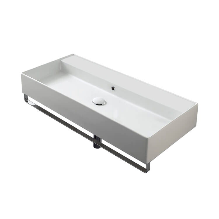 Lavabo de salle de bain mural rectangulaire en céramique avec trop-plein Teorema, Aucun trou