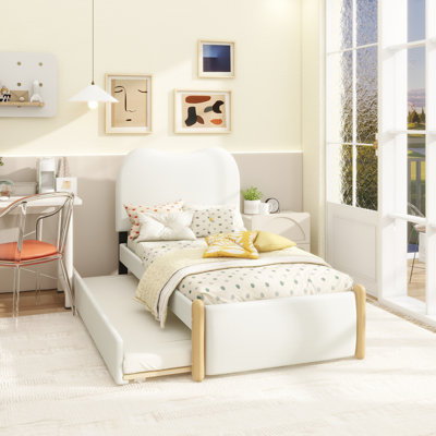 Lit plateforme tapissier avec pieds de support en bois et lit gigogne simple