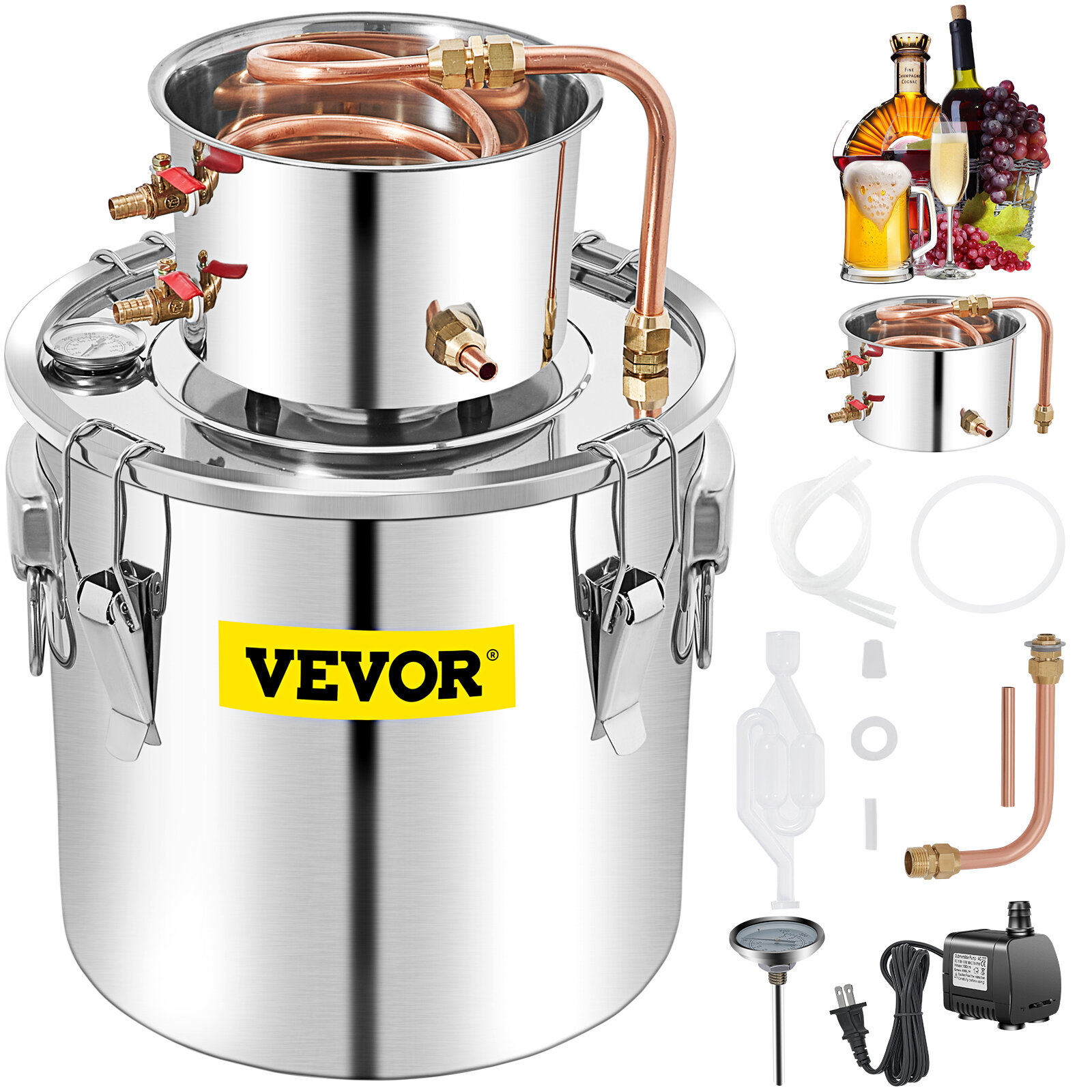 VEVOR Alcohol Still, 15 Gal 50L Water Alcohol Distiller, Home Distillery  Kit include Stainless Steel Tube & Pump & One-way Exhaust Valve &  Thermometer