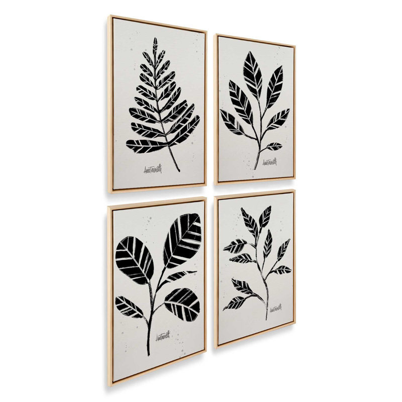 Ensemble de 4 botaniques noirs et blancs, H 31 po x l 84 po, Cadre américain en érable flottant