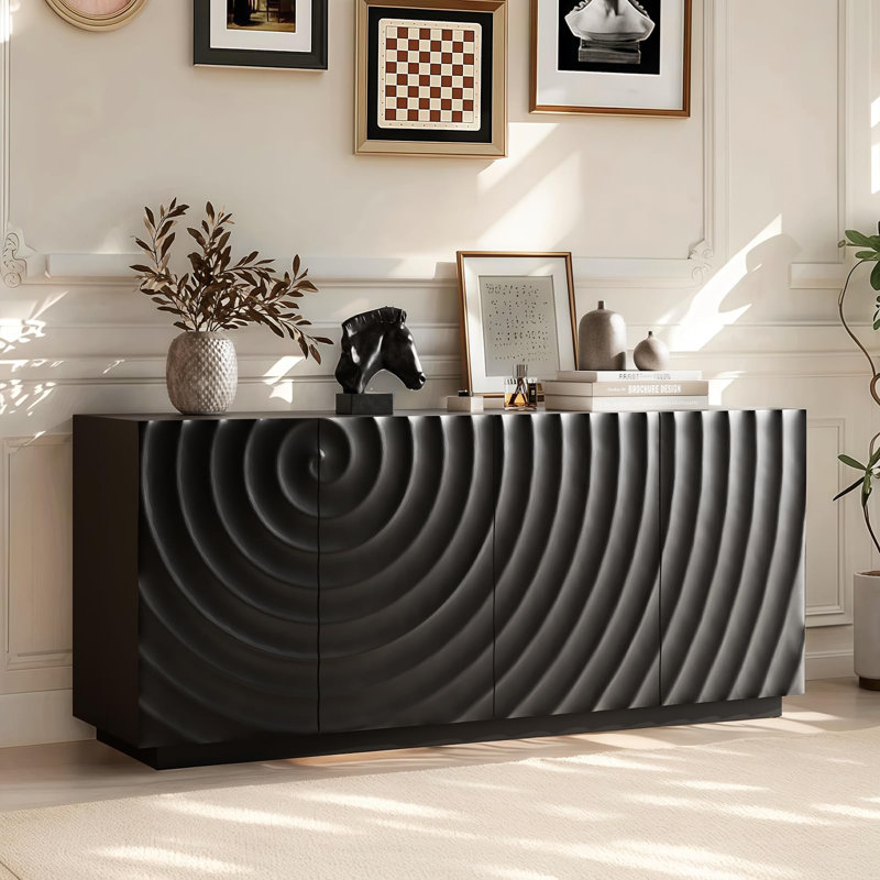 Buffet 59 po avec 4 portes, texture ondulée 3D, rangement autoportant pour la salle à manger et le salon, Noir