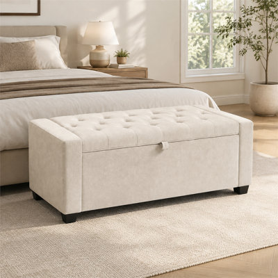 Beige upholstered bench with skin-friendly chenille fabric—suitable for living rooms or hallways—featuring a spacious internal storage compartment and safety hinges.
