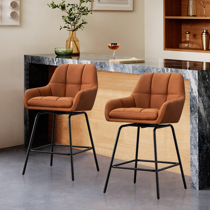 Balwant Upholstered Swivel Height Bar Stool with Metal Legs, Brown