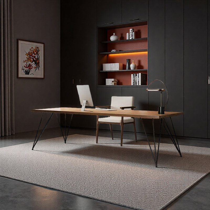 Structure géométrique en acier au carbone et bureau en bois massif, H 28,74 po x l 70,87 po x P 31,5 po
