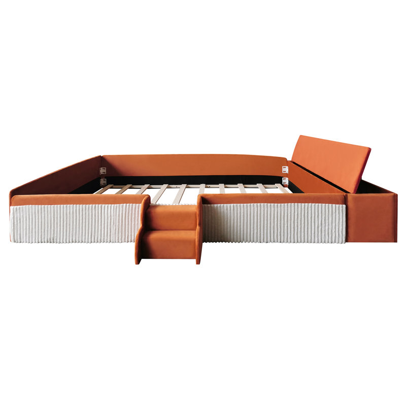 Lit rembourré moderne avec banc de rangement et marchepied Montessori, Grand lit, Brun