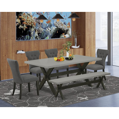Ensemble de table de salle à manger 6 pièces moderne comprenant une table rectangulaire en bois avec pieds en X et 4 chaises Parson en tissu noir avec banc, noir brossé