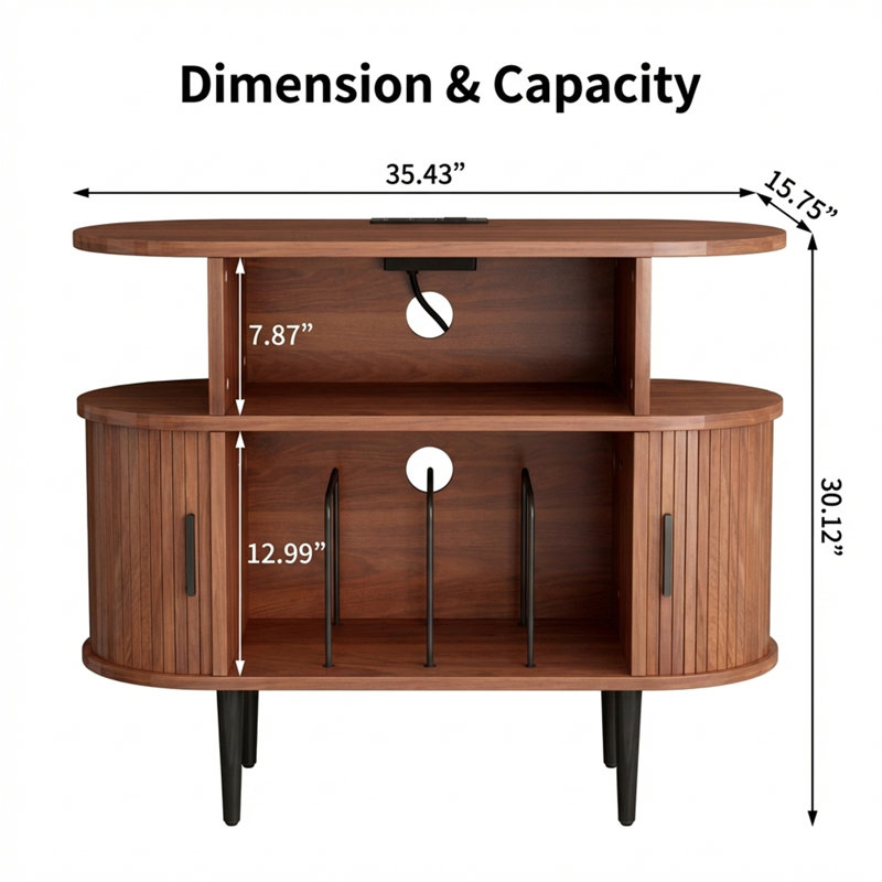 Support pour tourne-disque Mid-Century moderne avec station de charge et ports USB, grande armoire de rangement ronde en vinyle