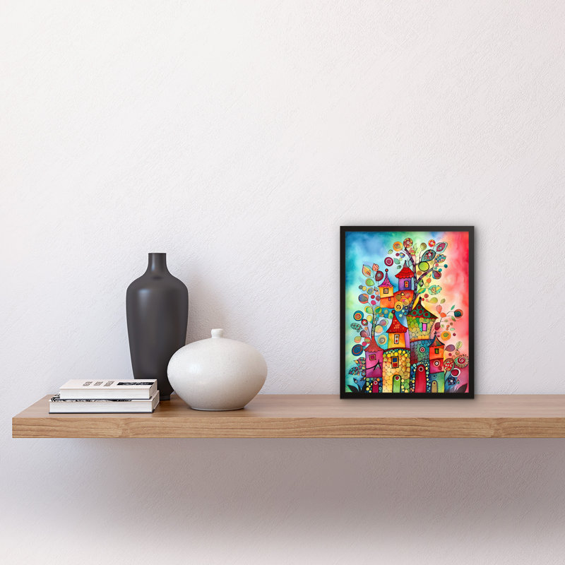 Country Houses Concept Folk Art Watercolour Painting Artwork Framed Wall Art Print 9X7 Inch