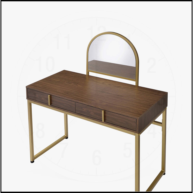 Versatile Vanity Desk with Mirror and Jewelry Tray for Stylish Spaces, Gold/Walnut