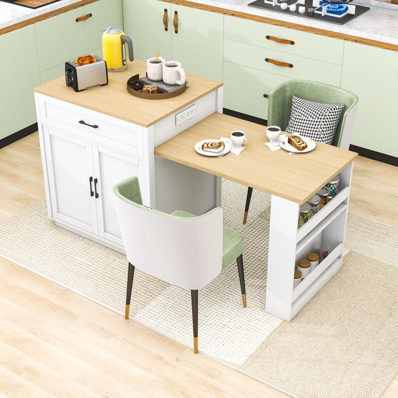 Kitchen Island with Extendable Dining Table, Built-in Charging Station and Lockable Wheels, White