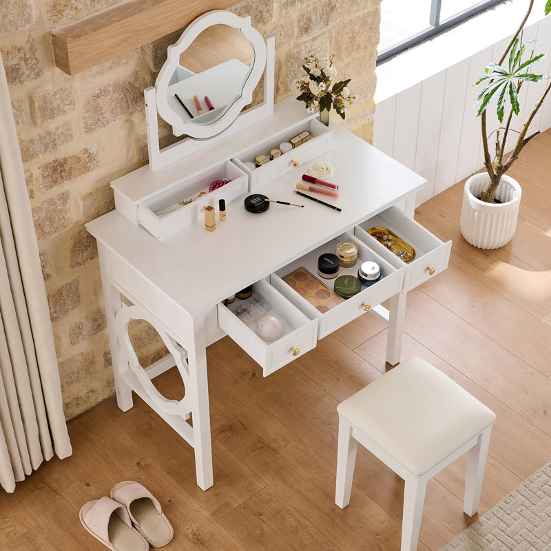 Compact Vanity Set with Reversible Mirror and 5 Storage Drawers