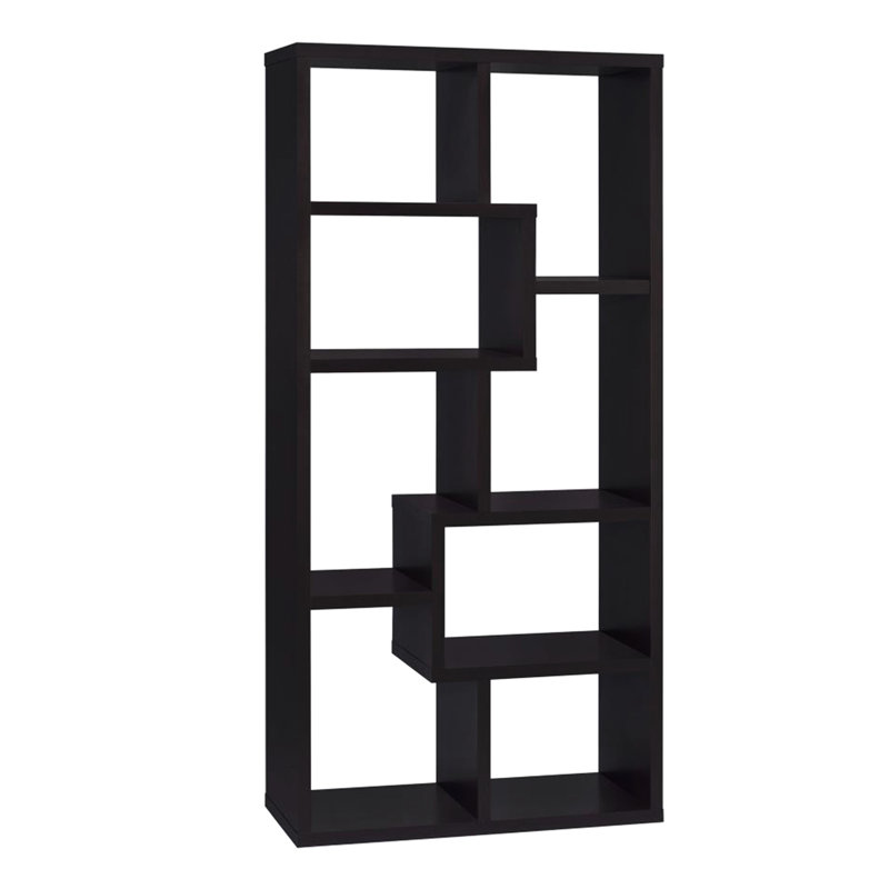 Bibliothèque à 10 tablettes, présentoir géométrique, cappuccino, panneau de particules, tablettes ouvertes, design, bois d'ingénierie, dossier,