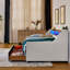 Lit simple tapissier beige, chargement sans fil, 3 lumières à DEL, 2 tiroirs de rangement, lit de tête de lit ajustable avec revêtement en lin, support, rangement,