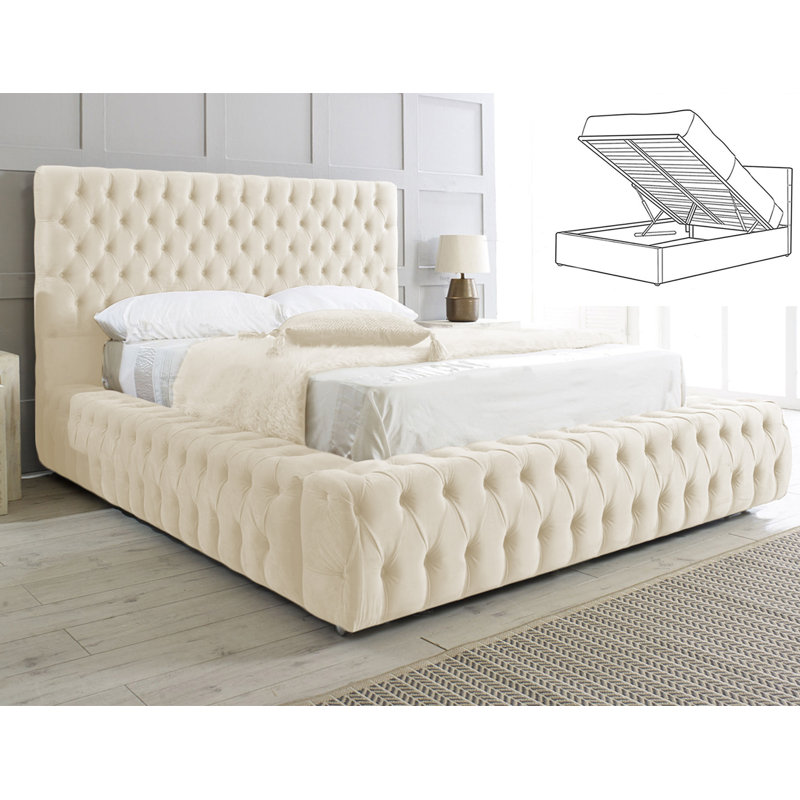 Elite Elegance Ambassador Ottoman Storage Bed - Premium Upholstered Velvet Bed Frame with Tall Headboard, Double (4'6), Cream