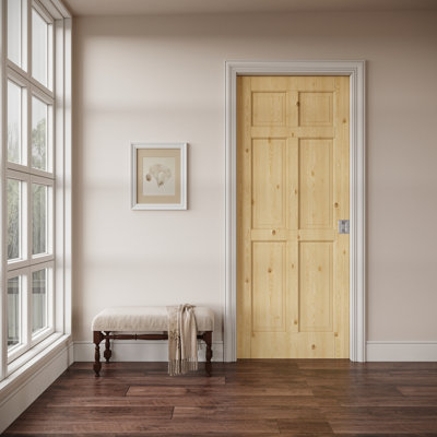 Interior 6-Panelled Sliding Pocket Door Pine Solid Wood Pantry Door With Privacy Pocket Lock