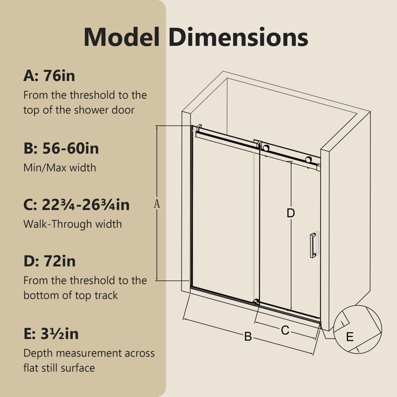 Porte de douche coulissante simple sans cadre de 56 à 60 po x H 76 po avec fermeture en douceur, verre trempé de 3/8 po (10 mm), installation réversible, conception imperméable, finition nickel brossé