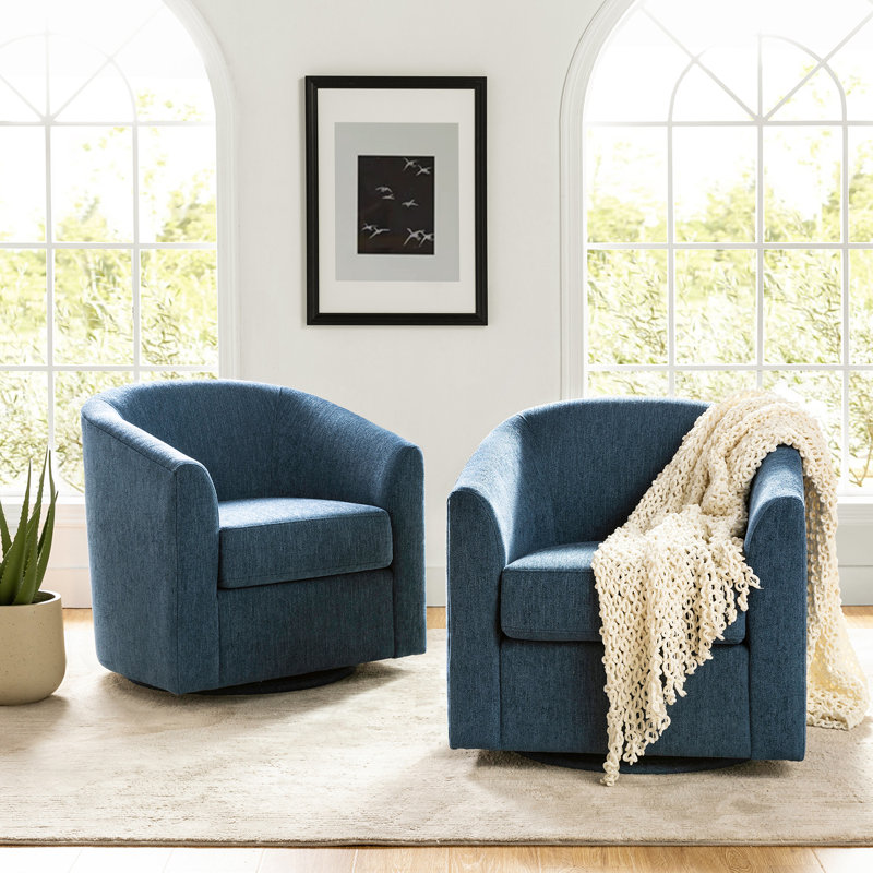 Fawwaz 30.91'' Wide Barrel Chair with Metal Swivel Base (Set of 2), Indigo 100% Polyester