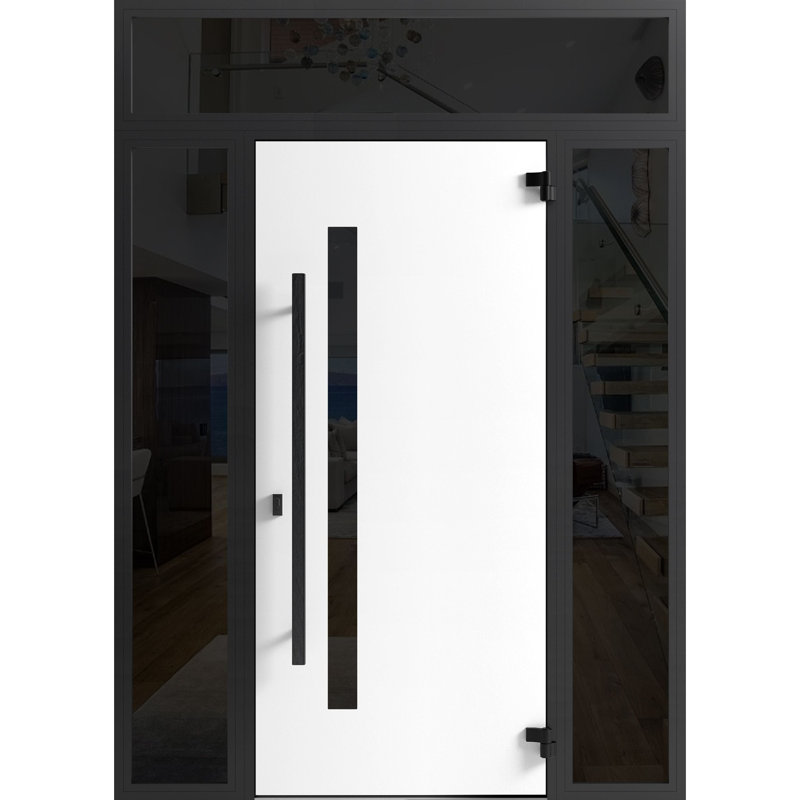 Façade avant en acier pré-suspendue / Dekton 0163 Ardesia Nero / 2 fenêtres extérieures latérales et supérieures Sidelite / Entrée en métal peint moderne l 14 + 36 + 14 po x H 80 + 16 po à gauche