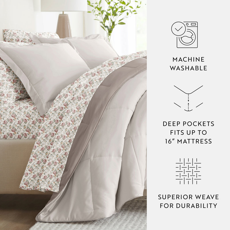 7-Piece Reversible Bedding Bundle - Solid Comforter and Patterned Sheet Set, Beige Floral