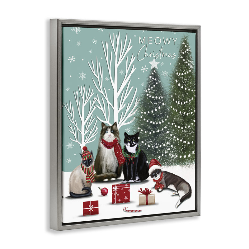 Cadre flottant festif pour chats d'hiver, design par Elizabeth Tyndall, H 31 po x l 25 po, Cadre flottant gris lustré