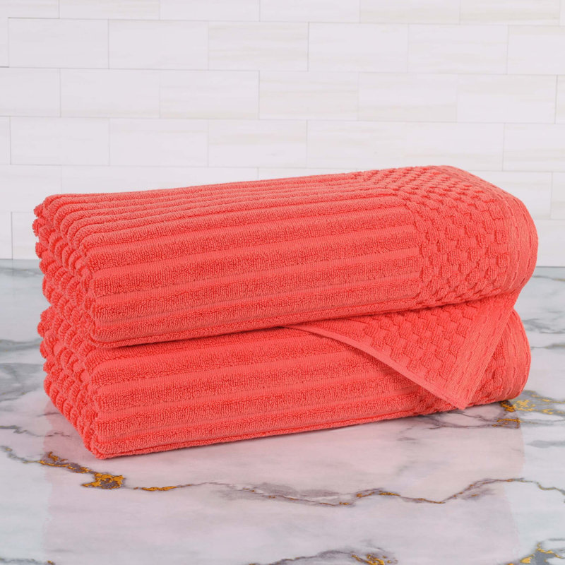 Ruvins Cotton Highly Absorbent Solid and Checkered Border Bath Towel Set, Coral Orange
