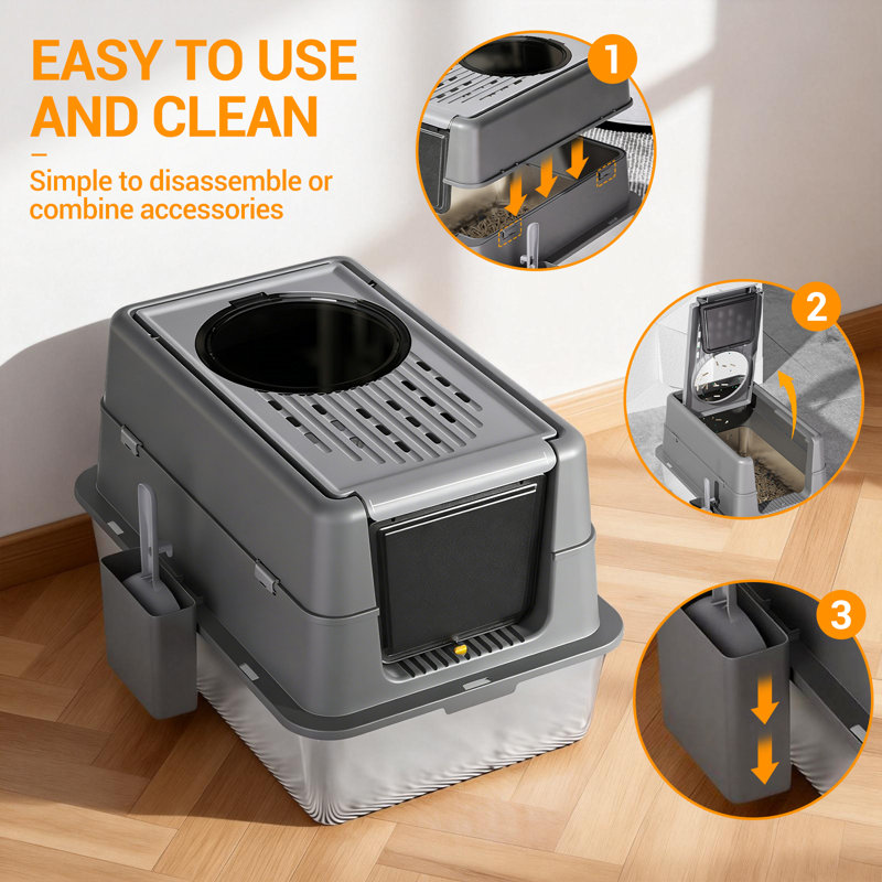 Spacieuse litière pour chat en acier inoxydable, Noir