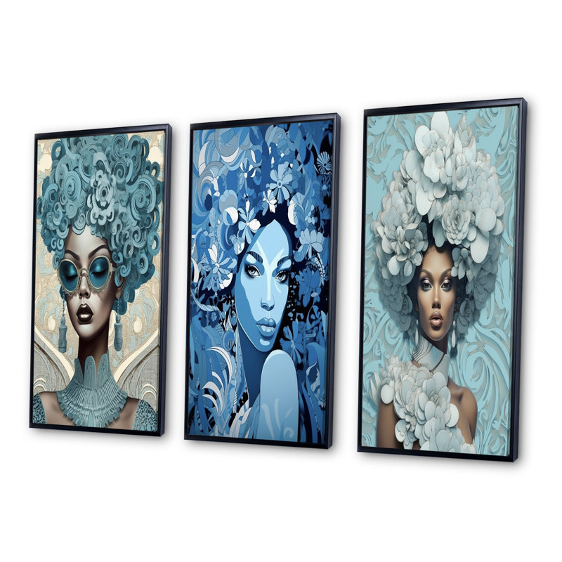 «Elegant Blue Fashion African Goddess Grace», 3 pièces sur toile, Cadre flottant noir, H 28 po x l 36 po