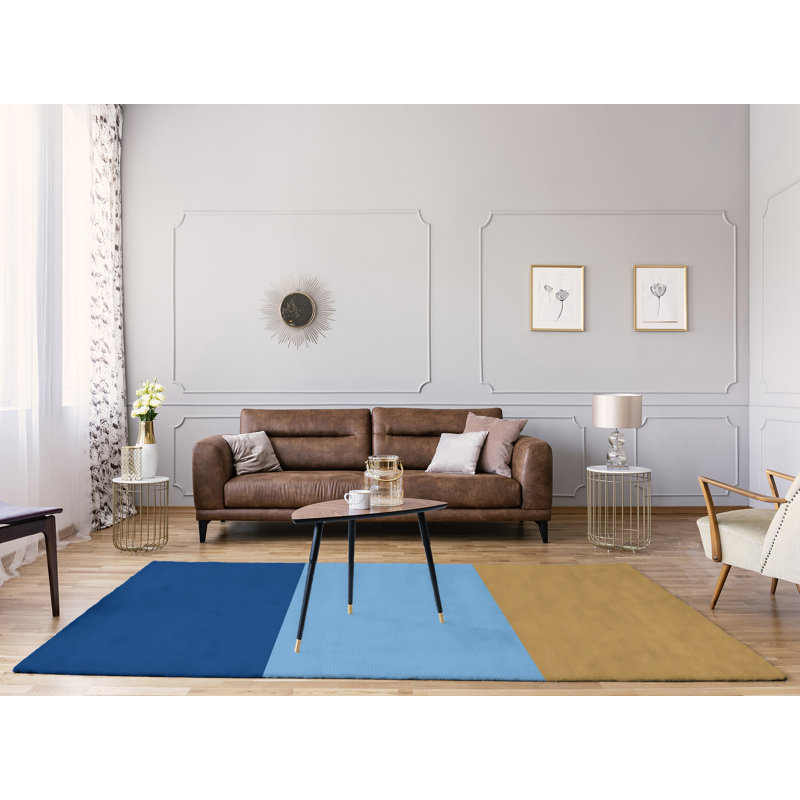 Tapis bleu royal tissé à plat/bleu poudre/or Kansas, Rectangle 8 pi x 10 pi