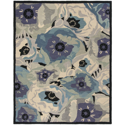 Tapis bleu / gris / beige en laine touffeté à la main Floral