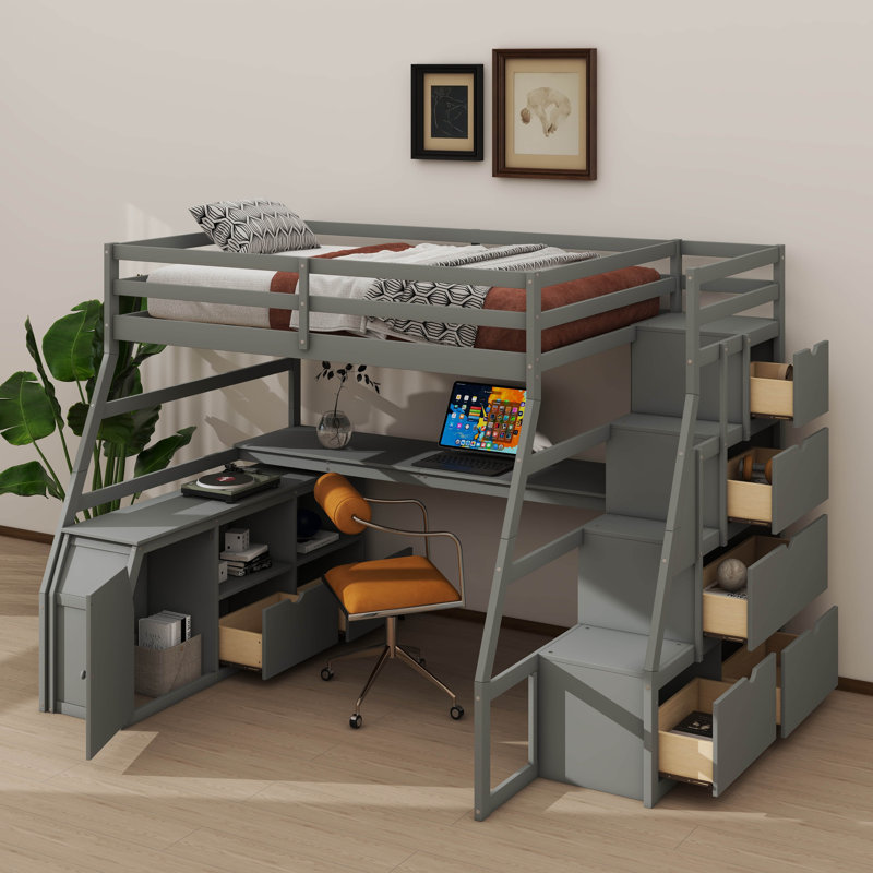 Lit mezzanine spacieux spacieux comprenant 7 tiroirs, 2 tablettes et un bureau, Gris