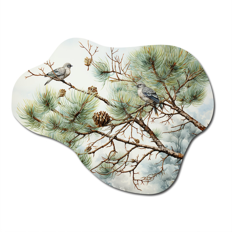 Bird On Pine Tree I - Pine Asymmetrical Metal Wall Art, Green Cloud Metal Art Print, 27" H x 35" W x 1" D