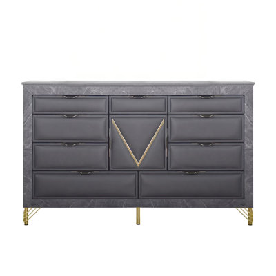 Commode large Semy, 10 tiroirs, 1 armoire, bois gris anthracite, or